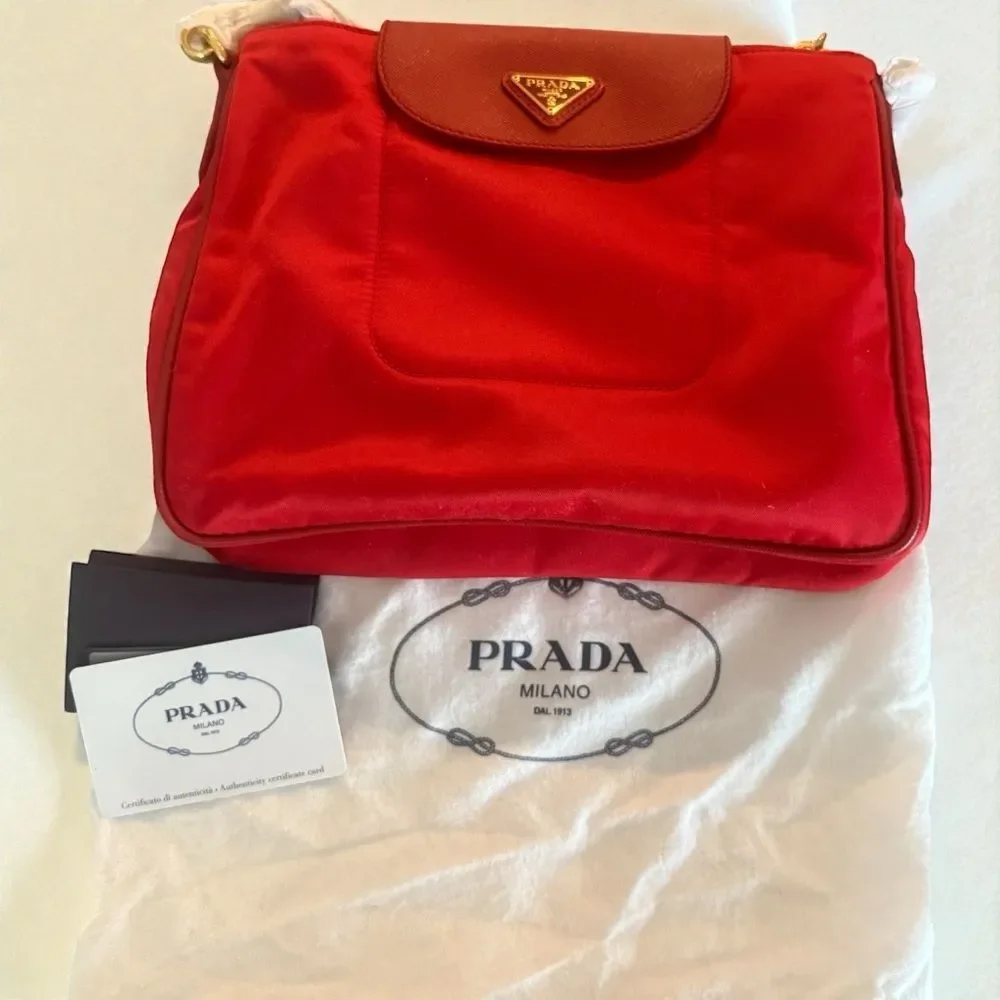 NEW, PRADA Rosso Tessuto Nylon And Saffiano Leather Small Crossbody Bag,